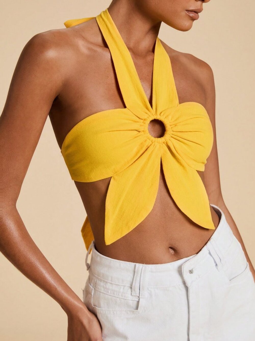 Yellow Sexy Women's Flower Halter Neck Tie Backless Top - Picture 3 of 4